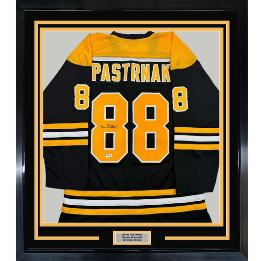 Framed Autographed/Signed David Pastrnak 35x39 Boston Black Hockey Jersey Beckett BAS COA #2