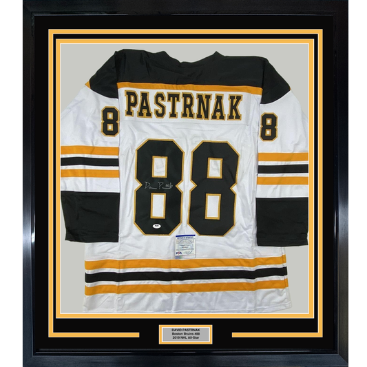 Framed Autographed/Signed David Pastrnak 35x39 Boston White Hockey Jersey PSA/DNA COA