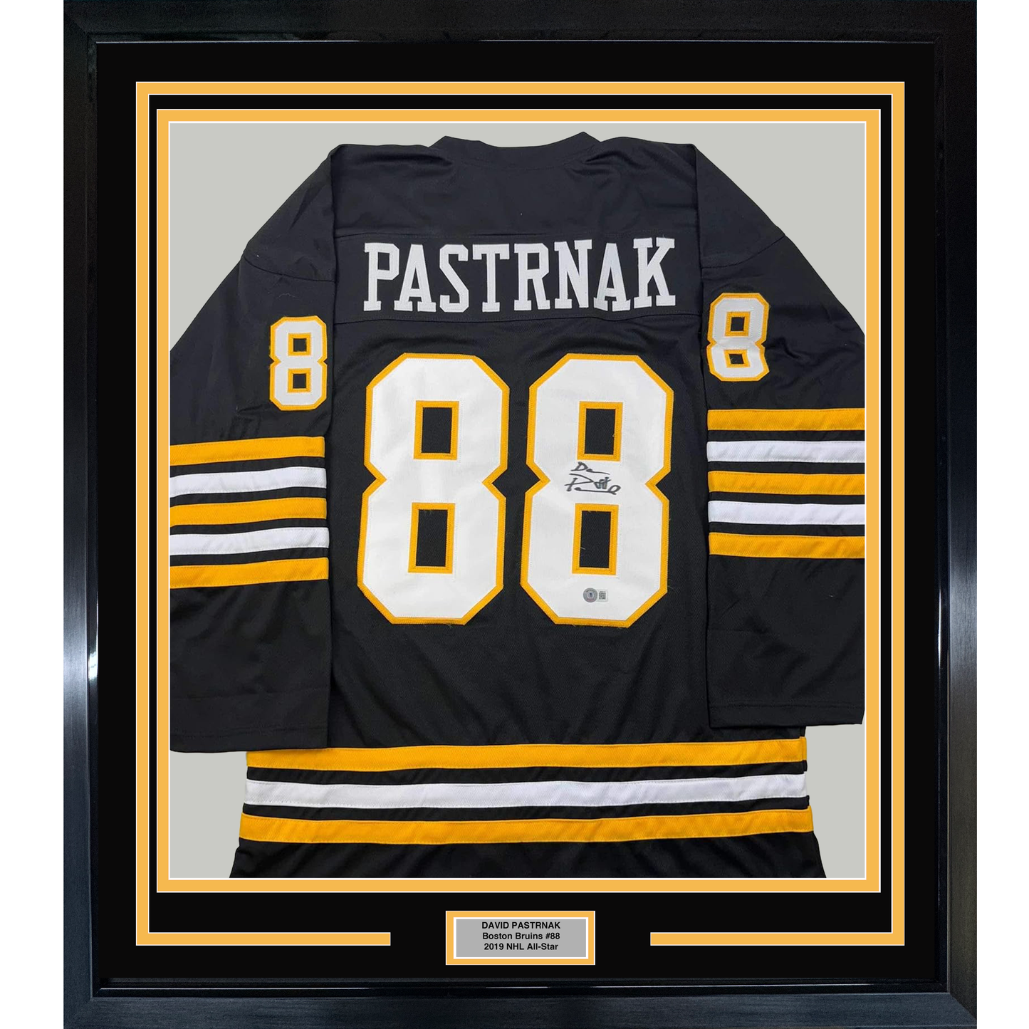 Framed Autographed/Signed David Pastrnak 35x39 Boston Black Hockey Jersey PSA/DNA COA