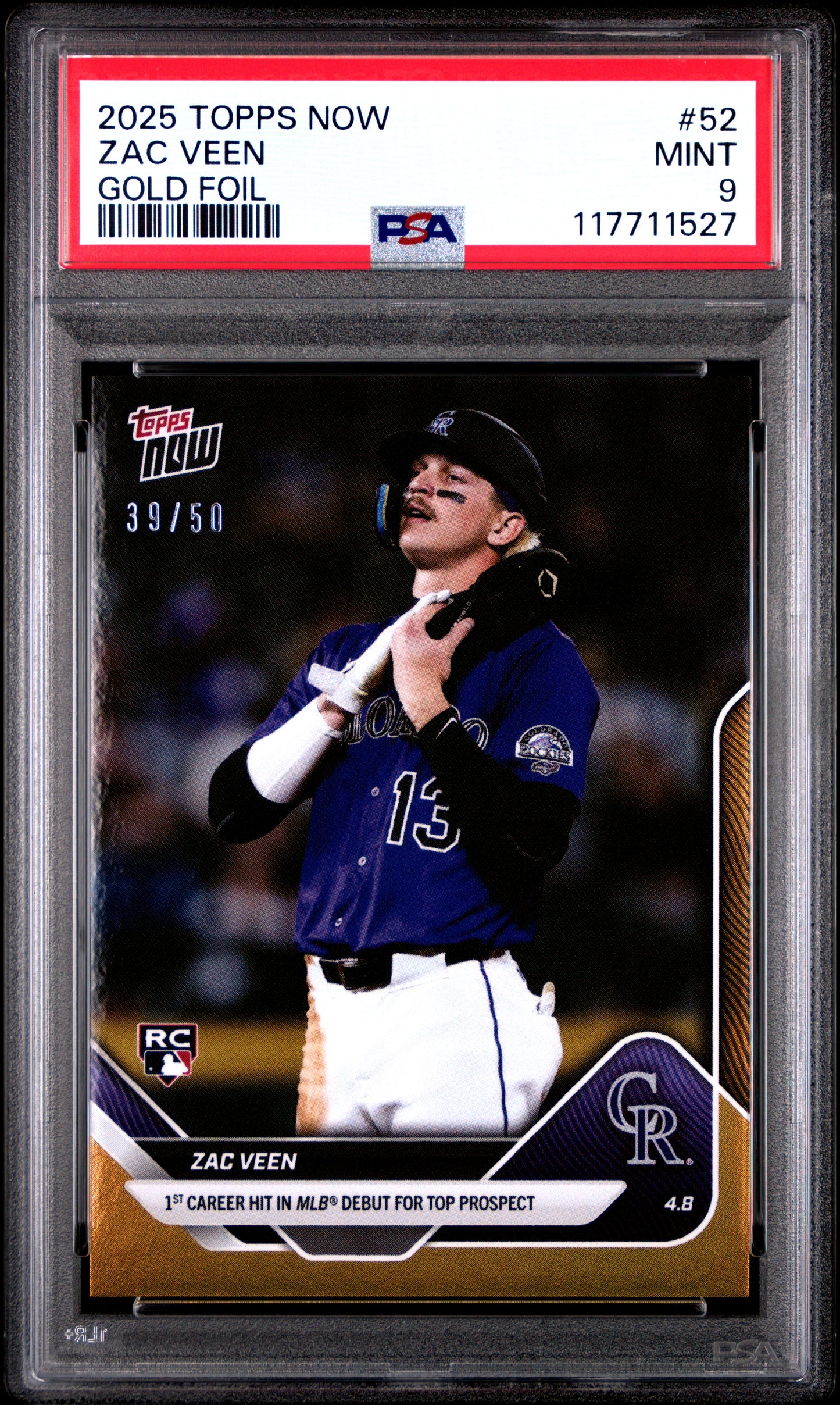 Graded 2025 Topps Now Zac Veen #52 Gold Foil /50 Rookie RC Baseball Card PSA 9 Mint