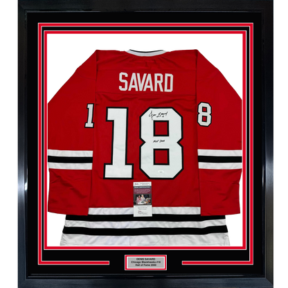 Framed Autographed/Signed Denis Savard HOF 2002 35x39 Chicago Red Hockey Jersey JSA COA