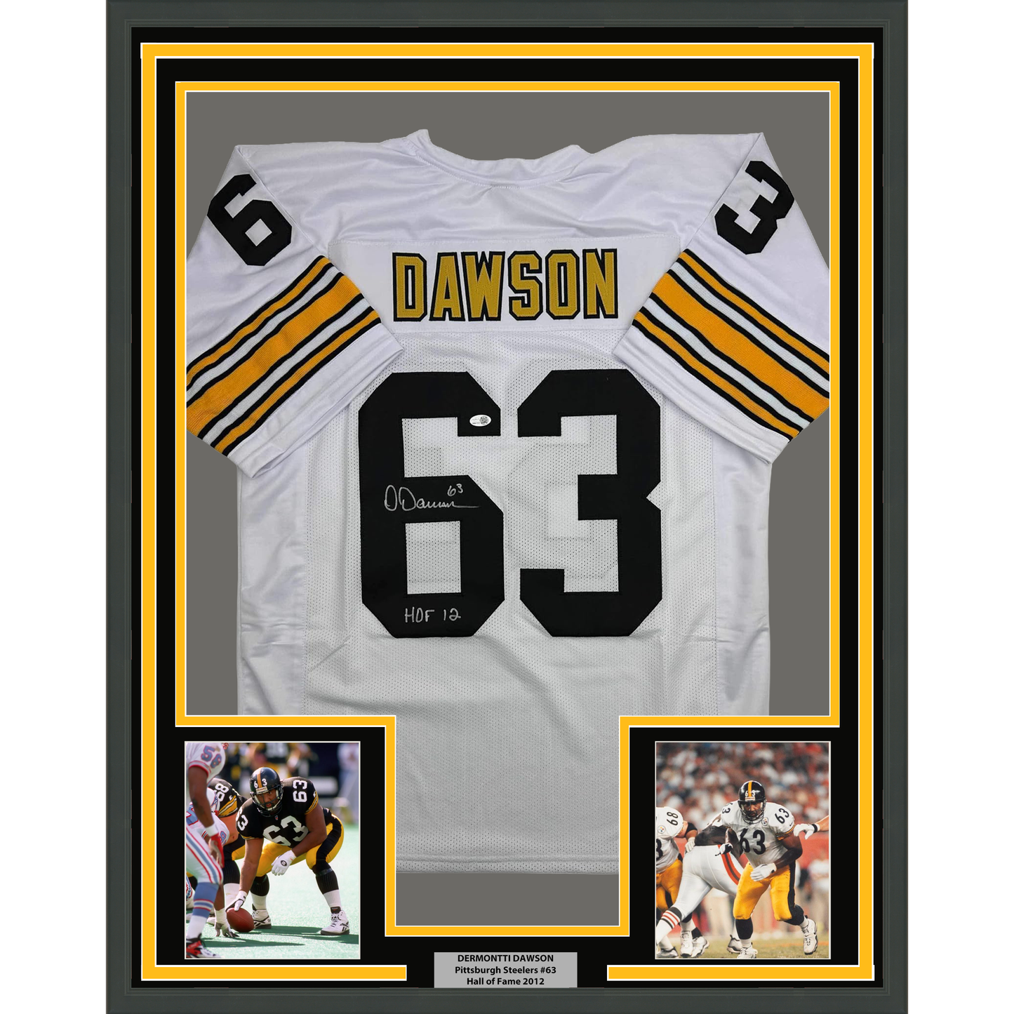 Framed Autographed/Signed Dermontti Dawson 35x39 HOF 12 Pittsburgh White Football Jersey JSA COA