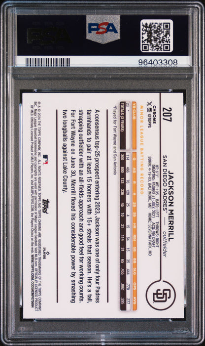 Graded 2024 Topps Chrome Jackson Merrill #207 Rookie RC Baseball Card PSA 10 Gem Mint