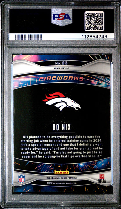 Graded 2024 Panini Prizm Bo Nix #23 Fireworks Green Ice Rookie RC Football Card PSA 10 Gem Mint