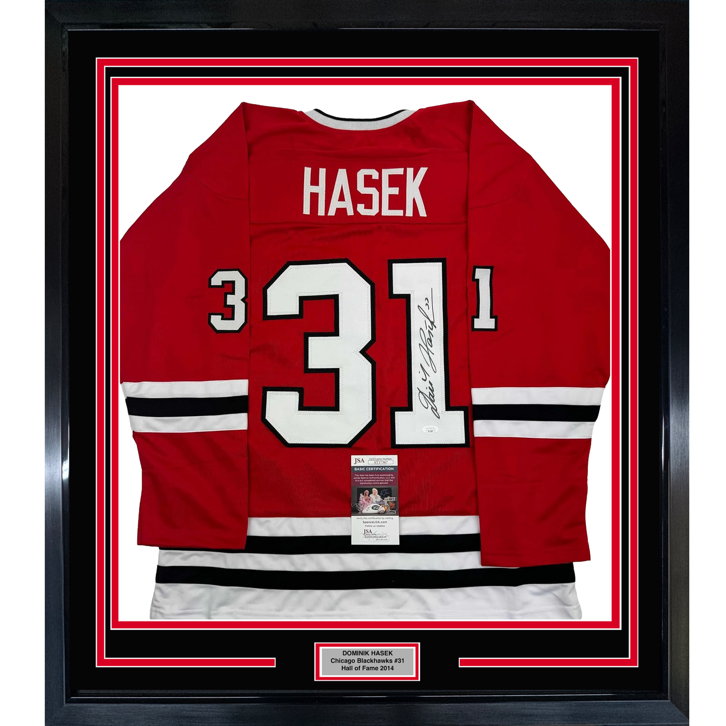 Framed Autographed/Signed Dominik Hasek 35x39 Chicago Red Hockey Jersey JSA COA