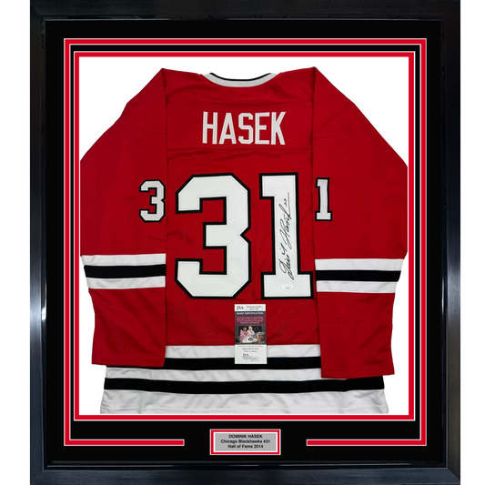 Framed Autographed/Signed Dominik Hasek 35x39 Chicago Red Hockey Jersey JSA COA