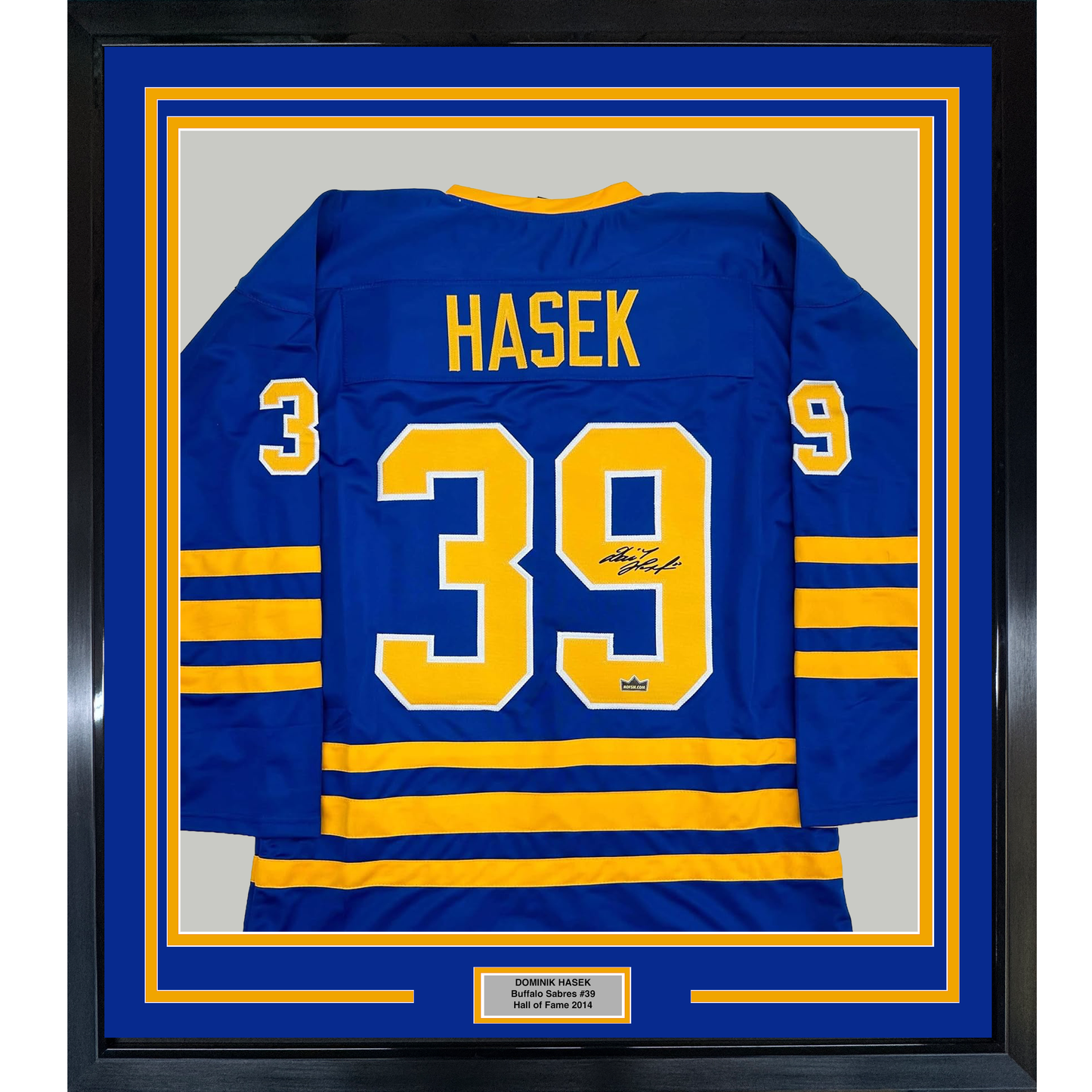 Framed Facsimile Autographed Dominik Hasek 35x39 Buffalo Blue Reprint Laser Auto Hockey Jersey