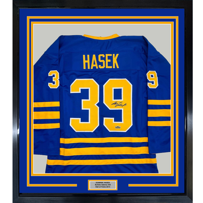 Framed Facsimile Autographed Dominik Hasek 35x39 Buffalo Blue Reprint Laser Auto Hockey Jersey