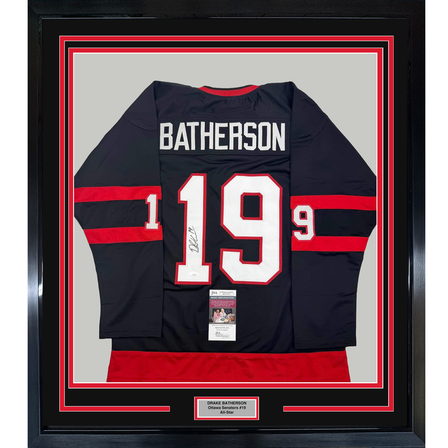 Framed Autographed/Signed Drake Batherson 35x39 Ottawa Black Hockey Jersey JSA COA