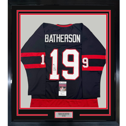 Framed Autographed/Signed Drake Batherson 35x39 Ottawa Black Hockey Jersey JSA COA