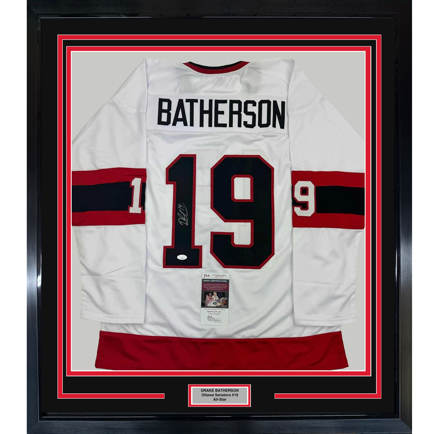 Framed Autographed/Signed Drake Batherson 35x39 Ottawa White Hockey Jersey JSA COA