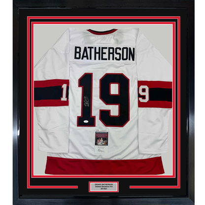 Framed Autographed/Signed Drake Batherson 35x39 Ottawa White Hockey Jersey JSA COA