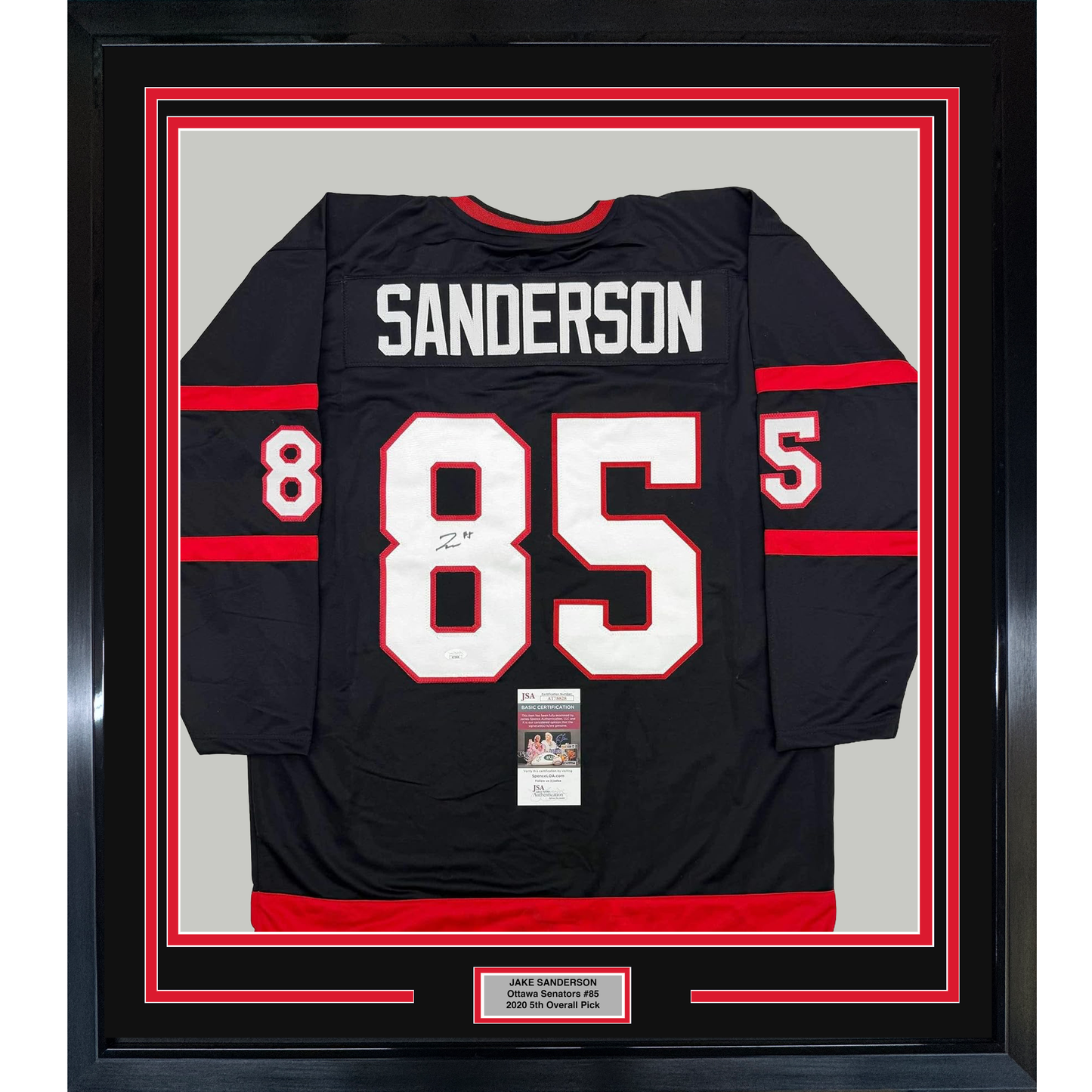 Framed Autographed/Signed Jake Sanderson 35x39 Ottawa Black Hockey Jersey JSA COA