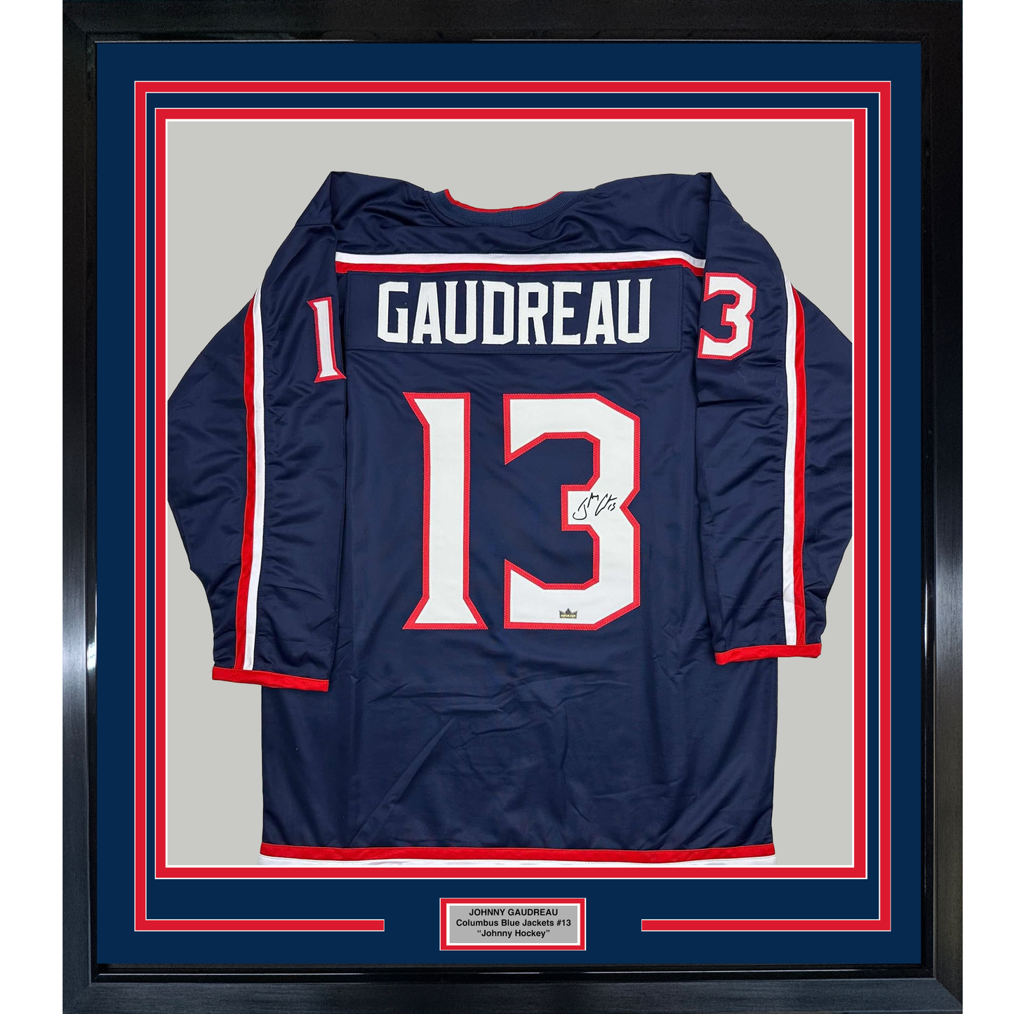 Framed Facsimile Autographed Johnny Gaudreau 35x39 Columbus Blue Reprint Laser Auto Hockey Jersey