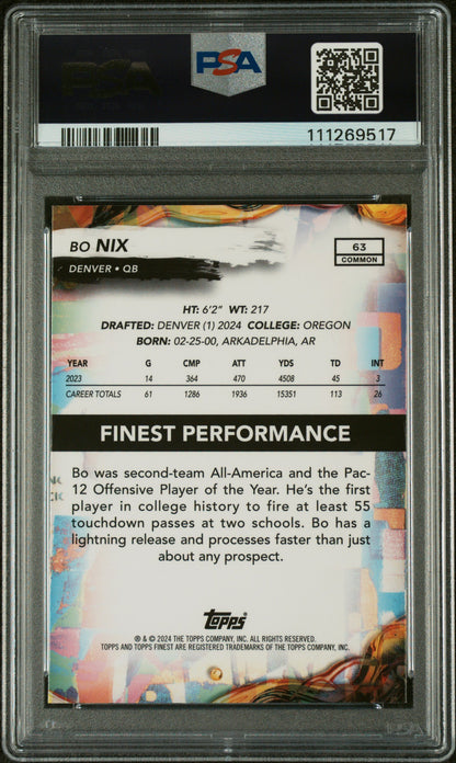 Graded 2024 Topps Finest Bo Nix #63 Rookie RC Football Card PSA 10 Gem Mint