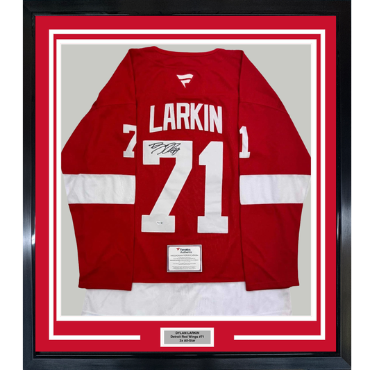 Framed Autographed/Signed Dylan Larkin 35x39 Detroit Red Wings Hockey Jersey Fanatics COA