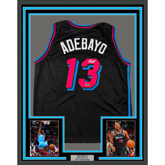 Framed Facsimile Autographed Bam Adebayo 35x39 Miami Black Vice City Reprint Laser Auto Basketball Jersey