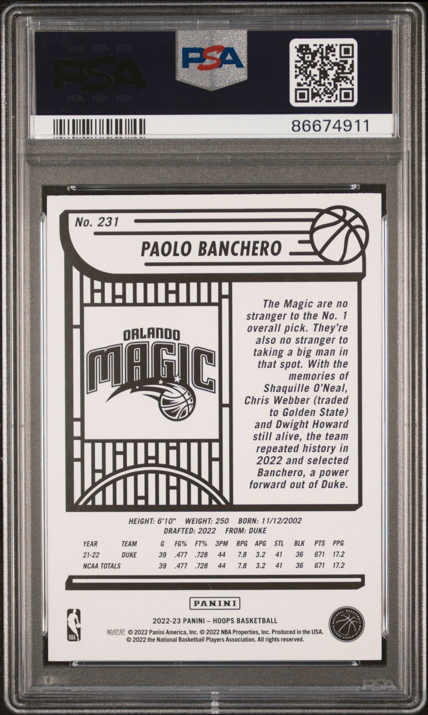 Graded 2022 Panini NBA Hoops Paolo Banchero #231 Winter Rookie RC Basketball Card PSA 9 Mint
