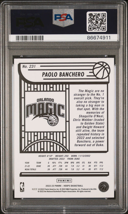 Graded 2022 Panini NBA Hoops Paolo Banchero #231 Winter Rookie RC Basketball Card PSA 9 Mint