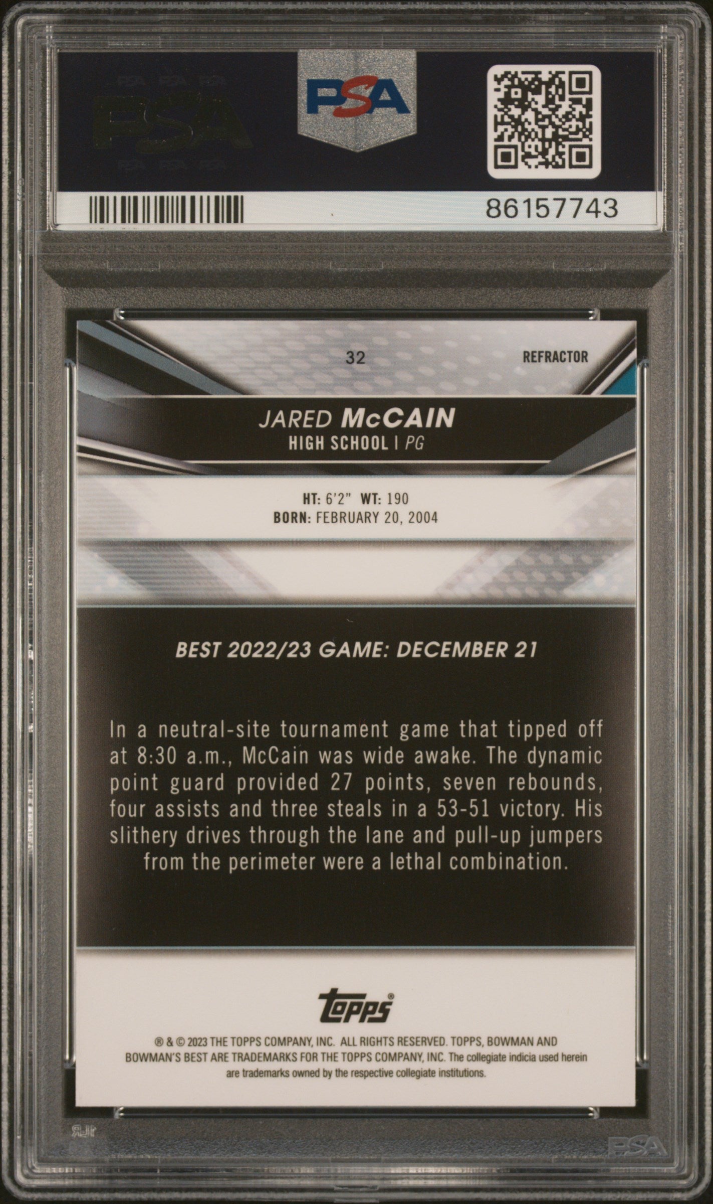 Graded 2022 Topps Bowman University Best Jared McCain #32 Refractor Rookie RC Basketball Card PSA 10 Gem Mint