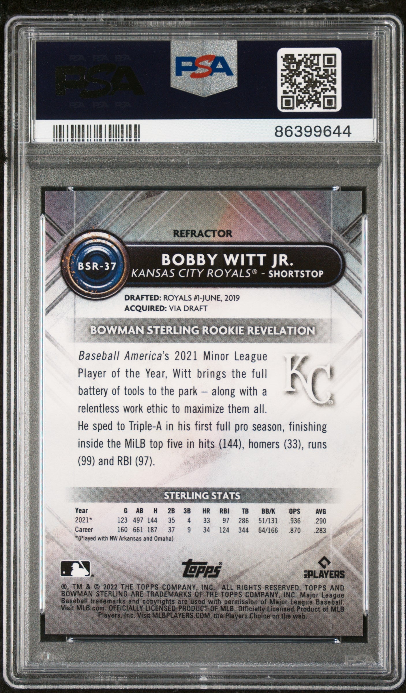 Graded 2022 Topps Bowman Sterling Bobby Witt Jr. #BSR37 Refractor #/199 Rookie RC Baseball Card PSA 10 Gem Mint