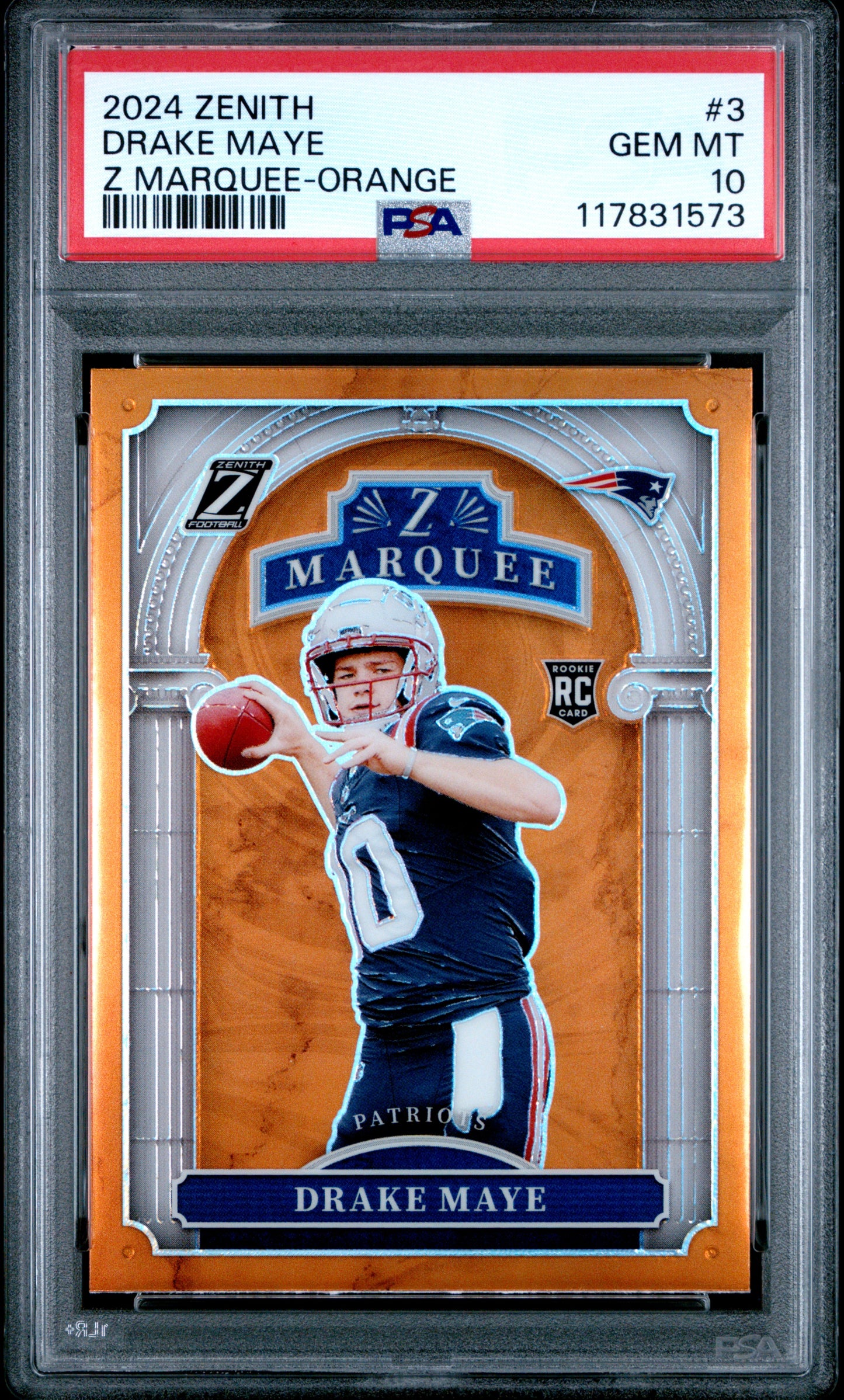Graded 2024 Panini Zenith Drake Maye #3 Z Marquee Orange Rookie RC Football Card PSA 10 Gem Mint