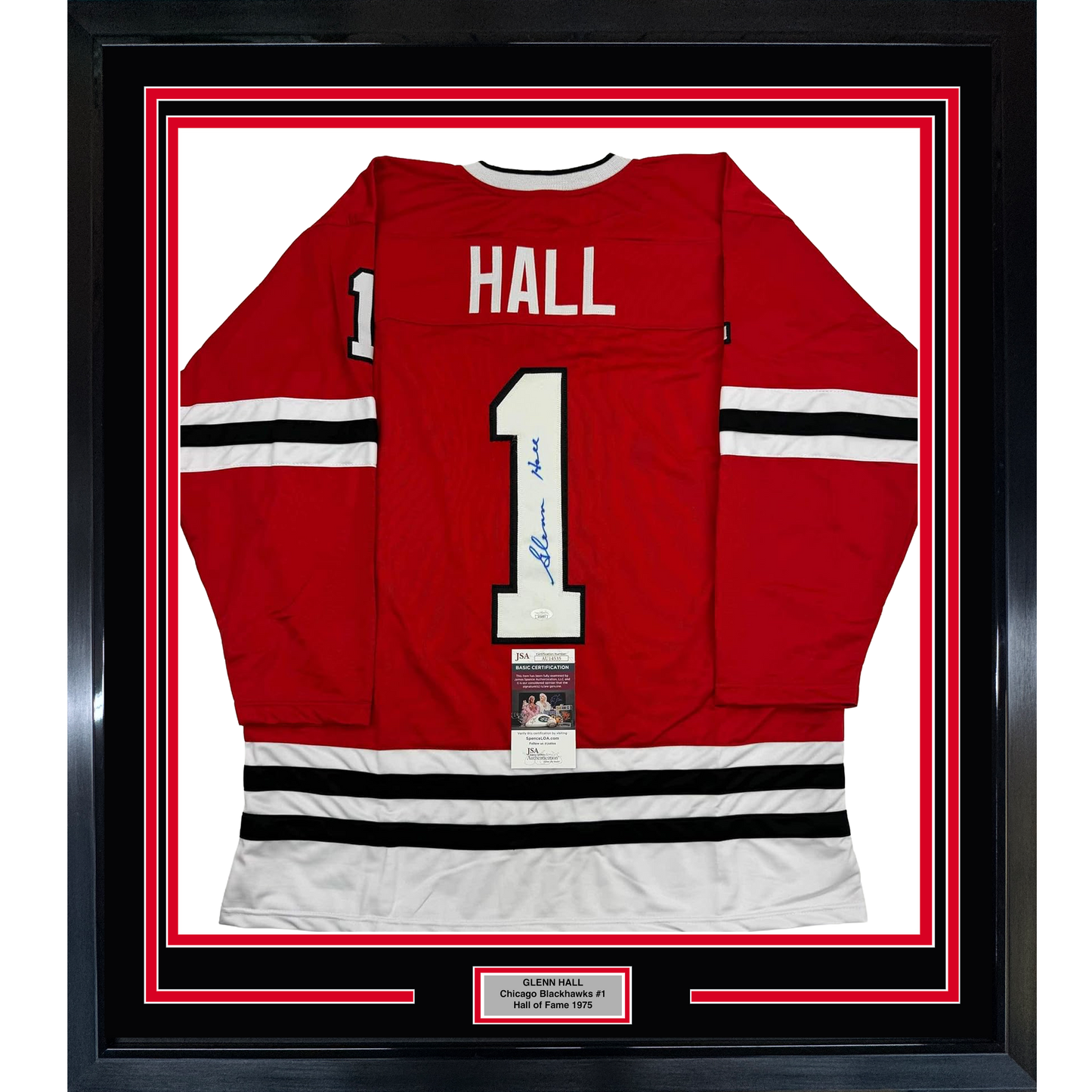 Framed Autographed/Signed Glenn Hall 35x39 Chicago Red Hockey Jersey JSA COA