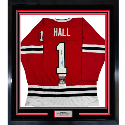 Framed Autographed/Signed Glenn Hall 35x39 Chicago Red Hockey Jersey JSA COA