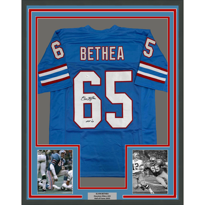 Framed Autographed/Signed Elvin Bethea 35x39 HOF 03 Tennessee Retro Light Blue Football Jersey JSA COA