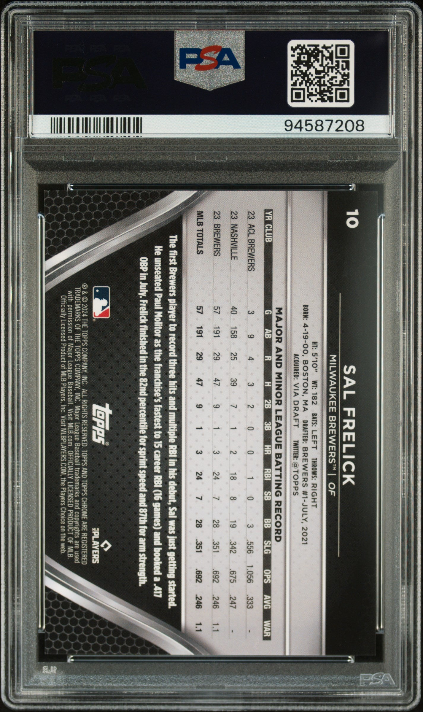 Graded 2024 Topps Chrome Black Sal Frelick #10 Gold Refractor /50 Rookie RC Baseball Card PSA 10 Gem Mint