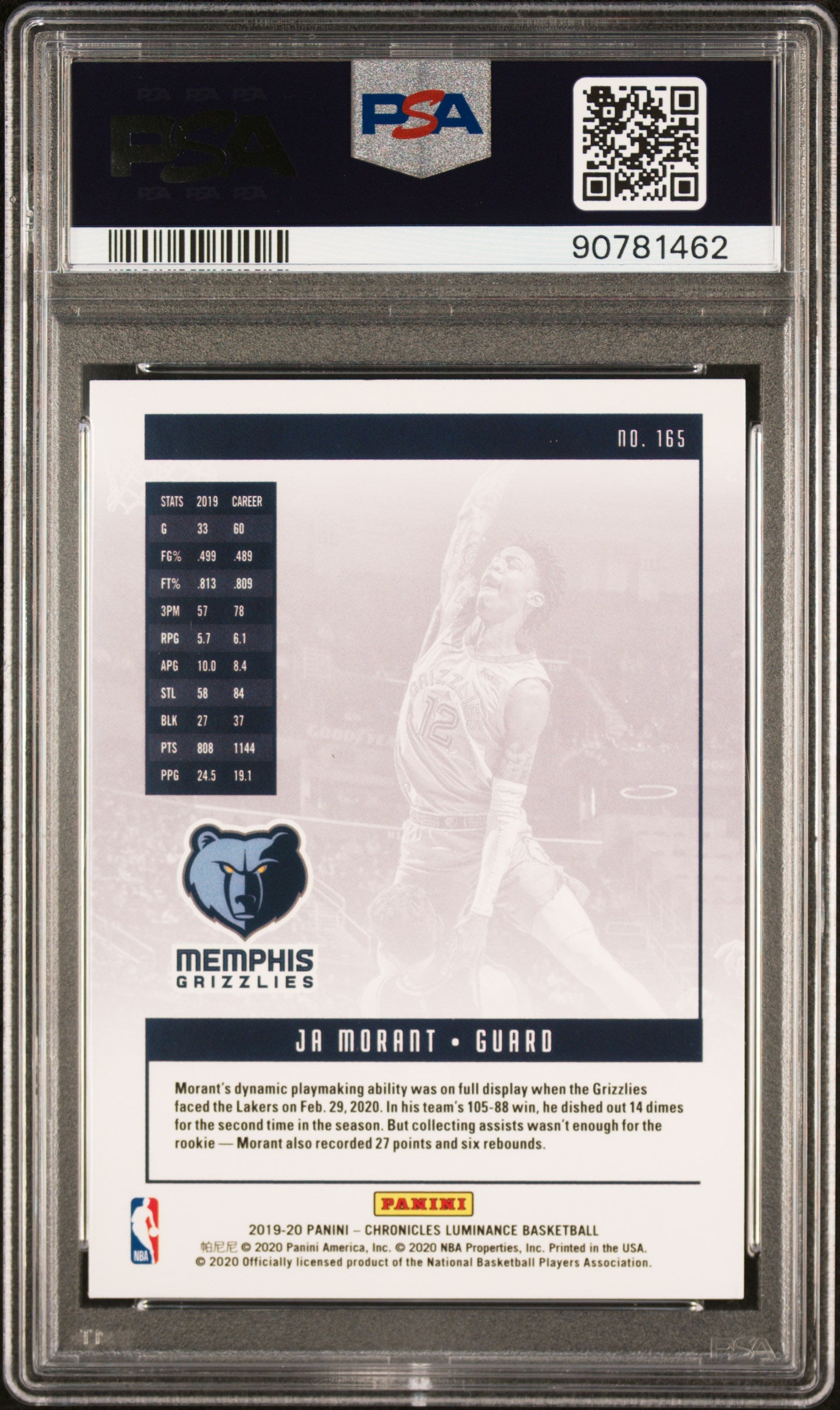 Graded 2019-20 Panini Chronicles Ja Morant #165 Bronze Rookie RC Basketball Card PSA 10 Gem Mint