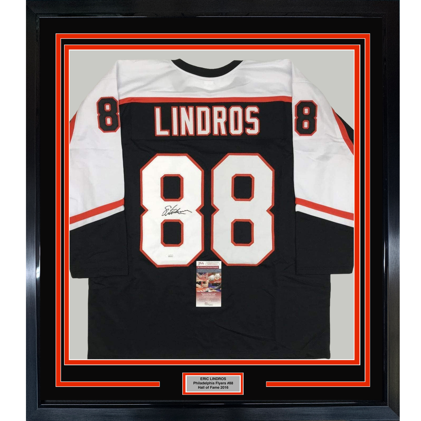 Framed Autographed/Signed Eric Lindros 35x39 Philadelphia Black Hockey Jersey JSA COA