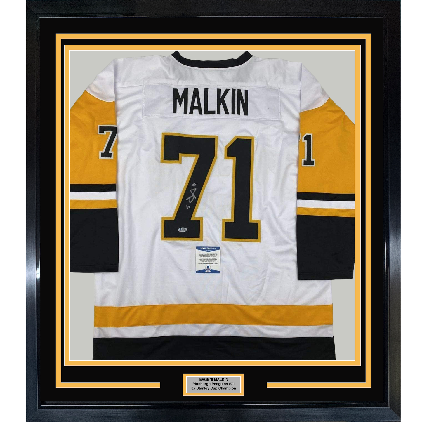 Framed Autographed/Signed Evgeni Malkin 35x39 Pittsburgh White Hockey Jersey Beckett BAS COA