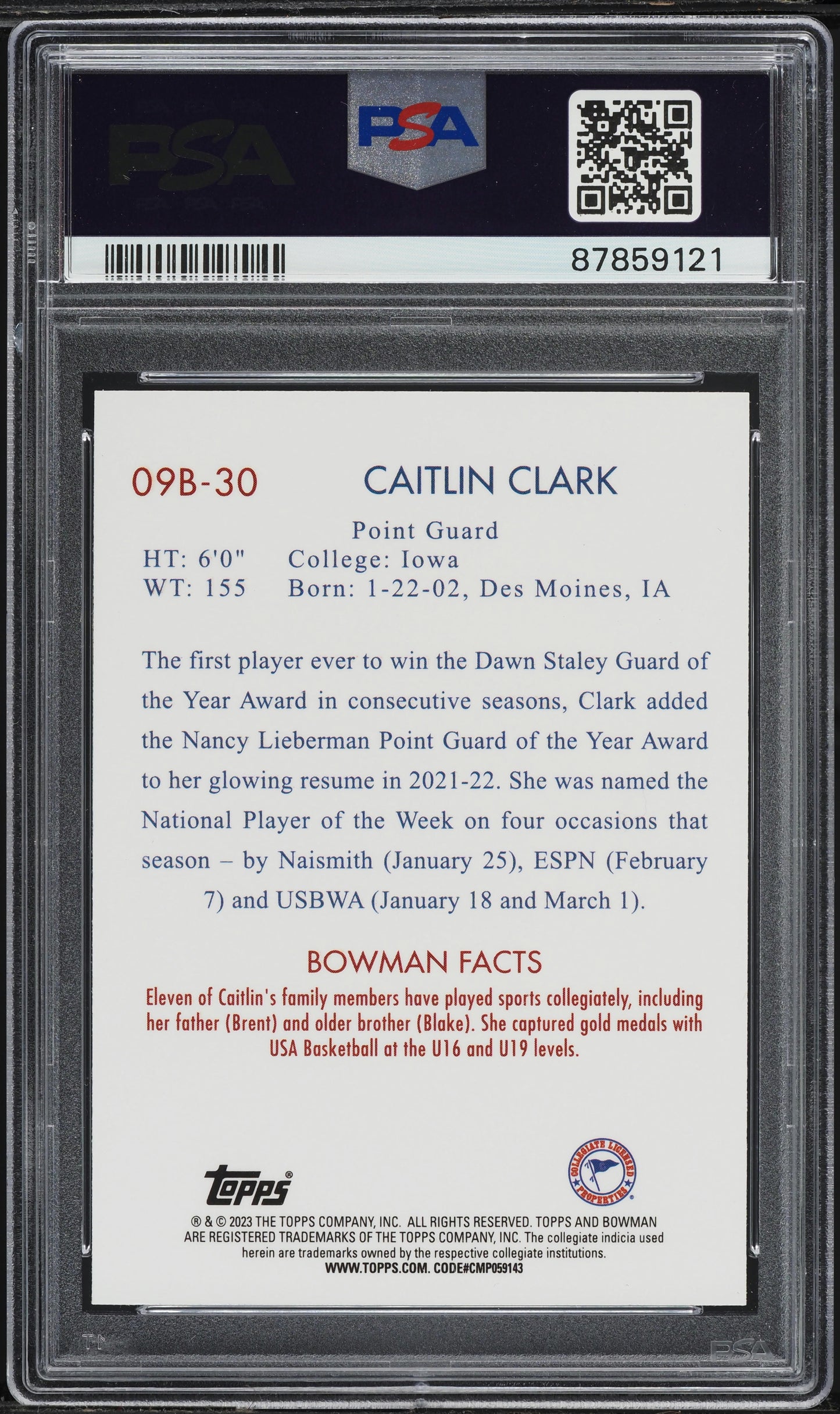 Graded 2022 Topps Bowman University Caitlin Clark #09B30 Rookie RC Basketball Card PSA 8 Near Mint