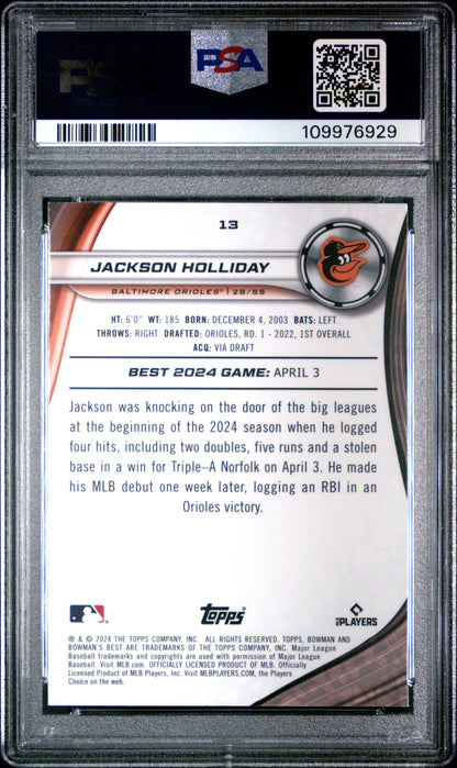 Graded 2024 Topps Bowmans Best Jackson Holliday #13 Rookie RC Baseball Card PSA 9 Mint