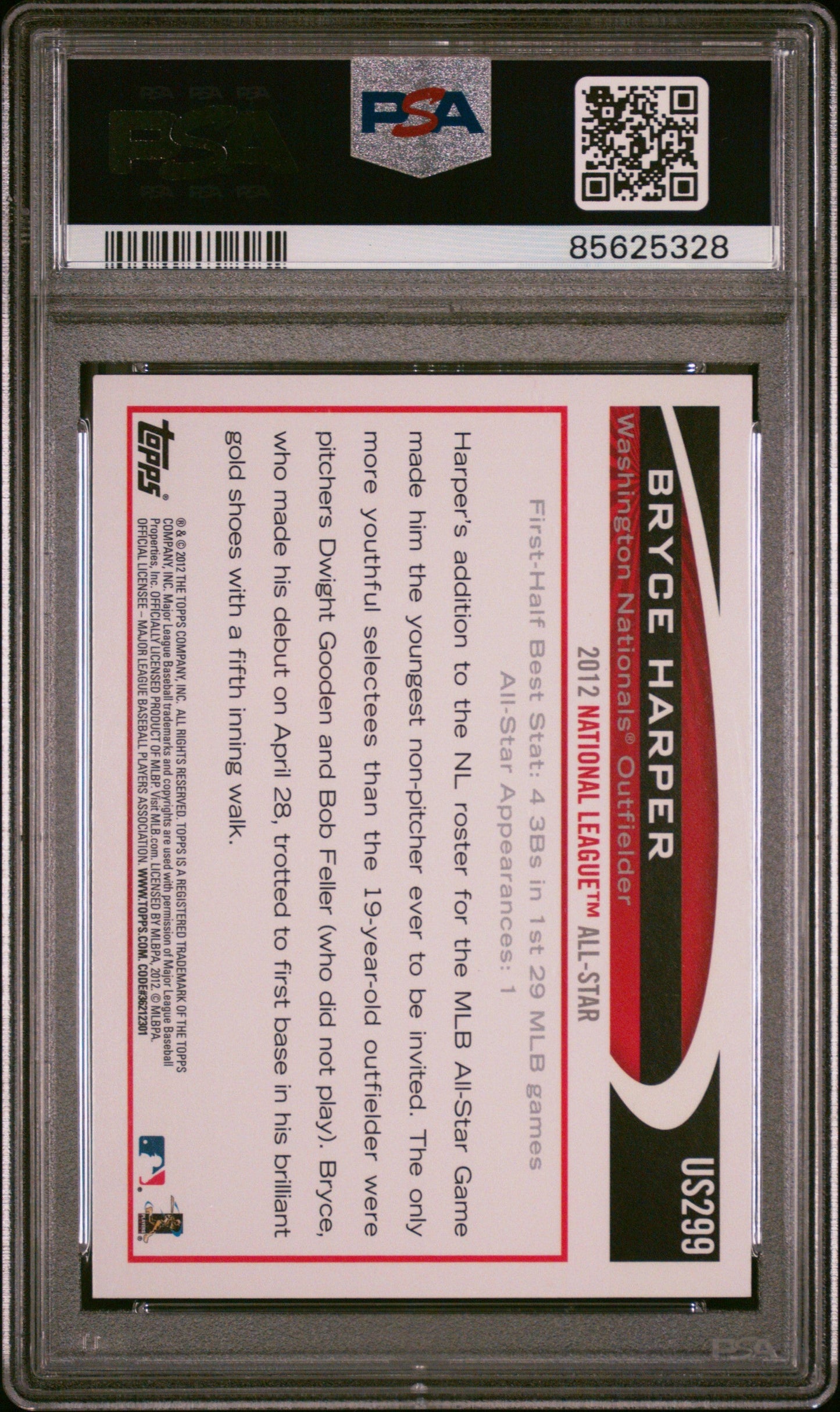 Graded 2012 Topps Update Bryce Harper #US299 Batting Rookie RC Baseball Card PSA 9 Mint