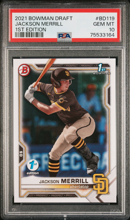Graded 2021 Topps Bowman Draft Jackson Merrill #BD119 1st Edition Rookie RC Baseball Card PSA 10 Gem Mint