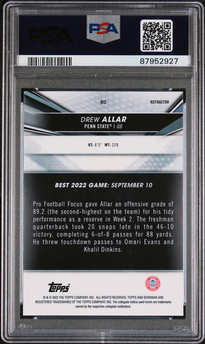 Graded 2022 Topps Bowman Best University Drew Allar #80 Refractor Rookie RC Football Card PSA 10 Gem Mint