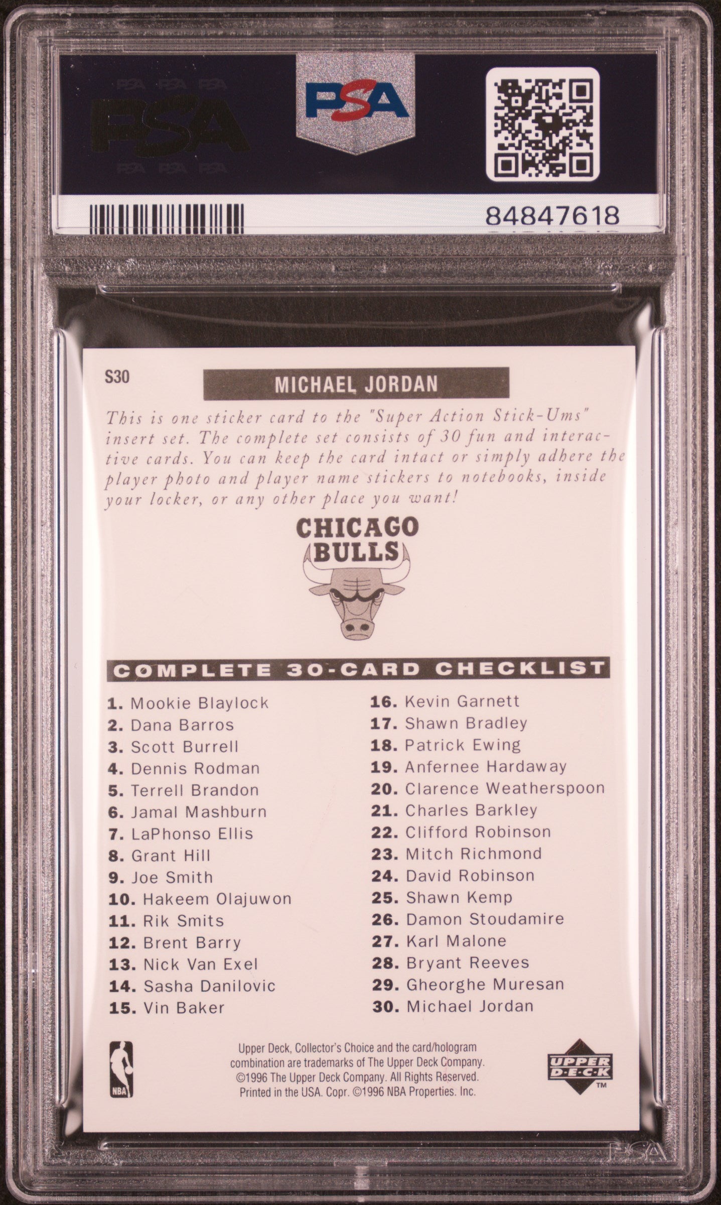 Graded 1996 Upper Deck Collectors Choice Michael Jordan #S30 Stick Ums 1 Red Jersey Basketball Card PSA 10 Gem Mint