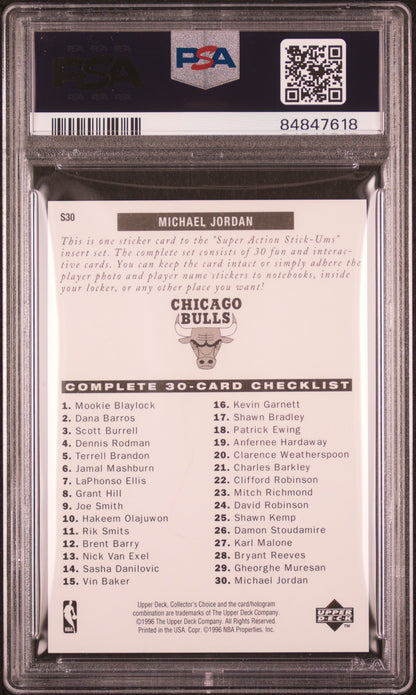 Graded 1996 Upper Deck Collectors Choice Michael Jordan #S30 Stick Ums 1 Red Jersey Basketball Card PSA 10 Gem Mint