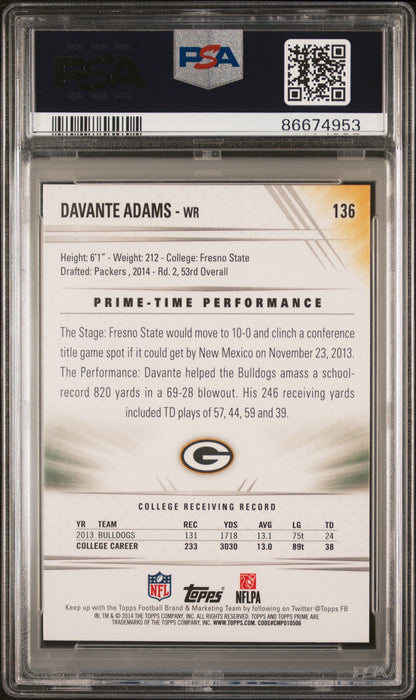 Graded 2014 Topps Prime Davante Adams #136 Ball In Left Hand Rookie RC Football Card PSA 6 EX-MT
