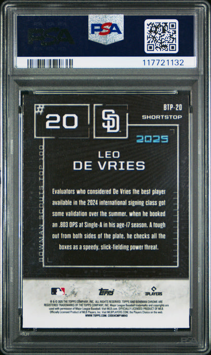Graded 2025 Topps Bowman Leo De Vries #BTP20 Scouts Top 100 Rookie RC Baseball Card PSA 10 Gem Mint