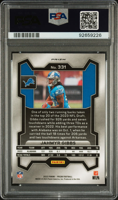 Graded 2023 Panini Prizm Jahmyr Gibbs #331 Lazer Rookie RC Football Card PSA 10 Gem Mint