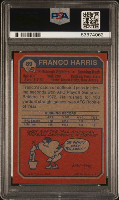 Graded 1973 Topps Franco Harris #89 Rookie RC Football Card PSA 7 Near Mint