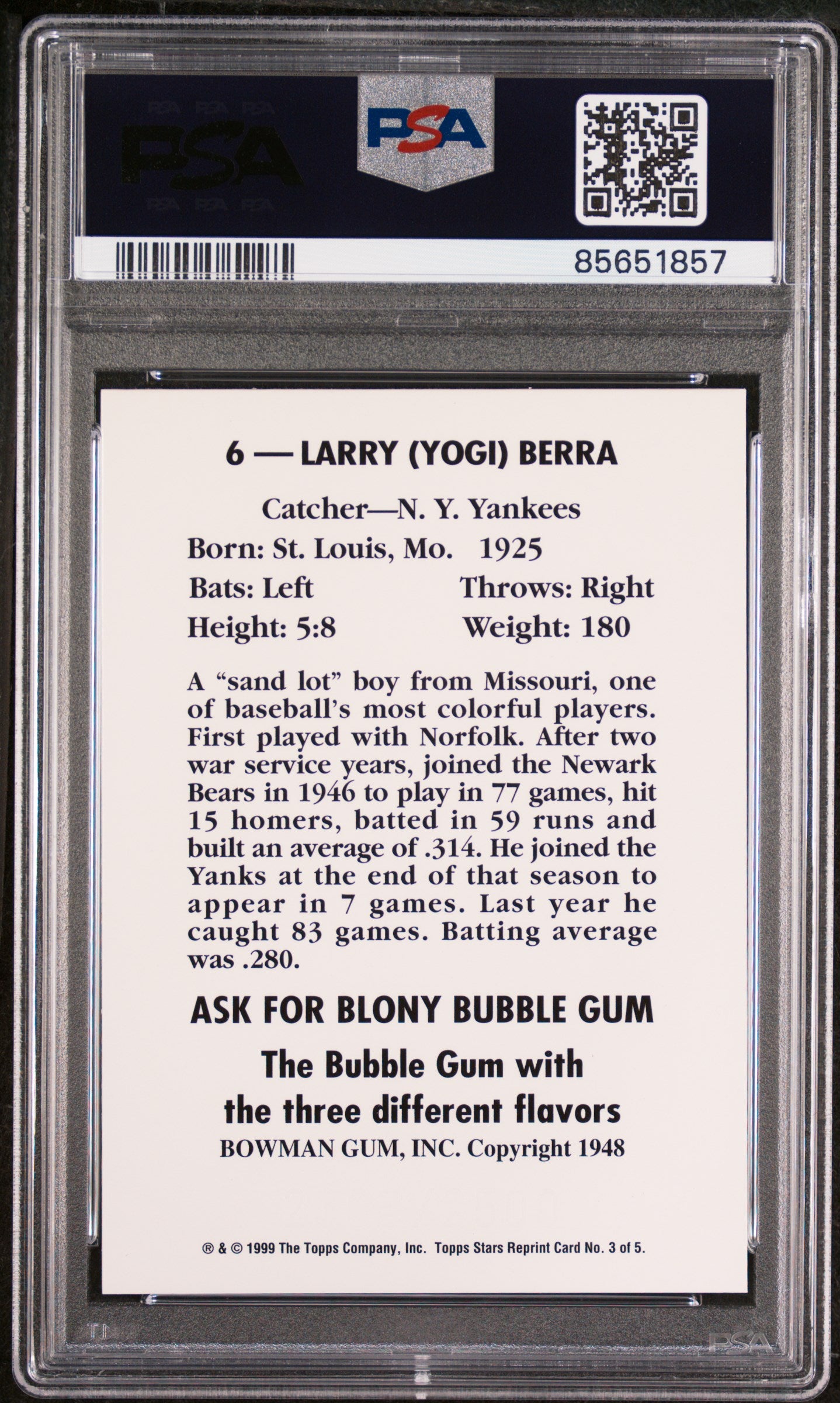 Graded 1999 Topps Stars Yogi Berra #3 Rookie Reprint Baseball Card PSA 10 Gem Mint