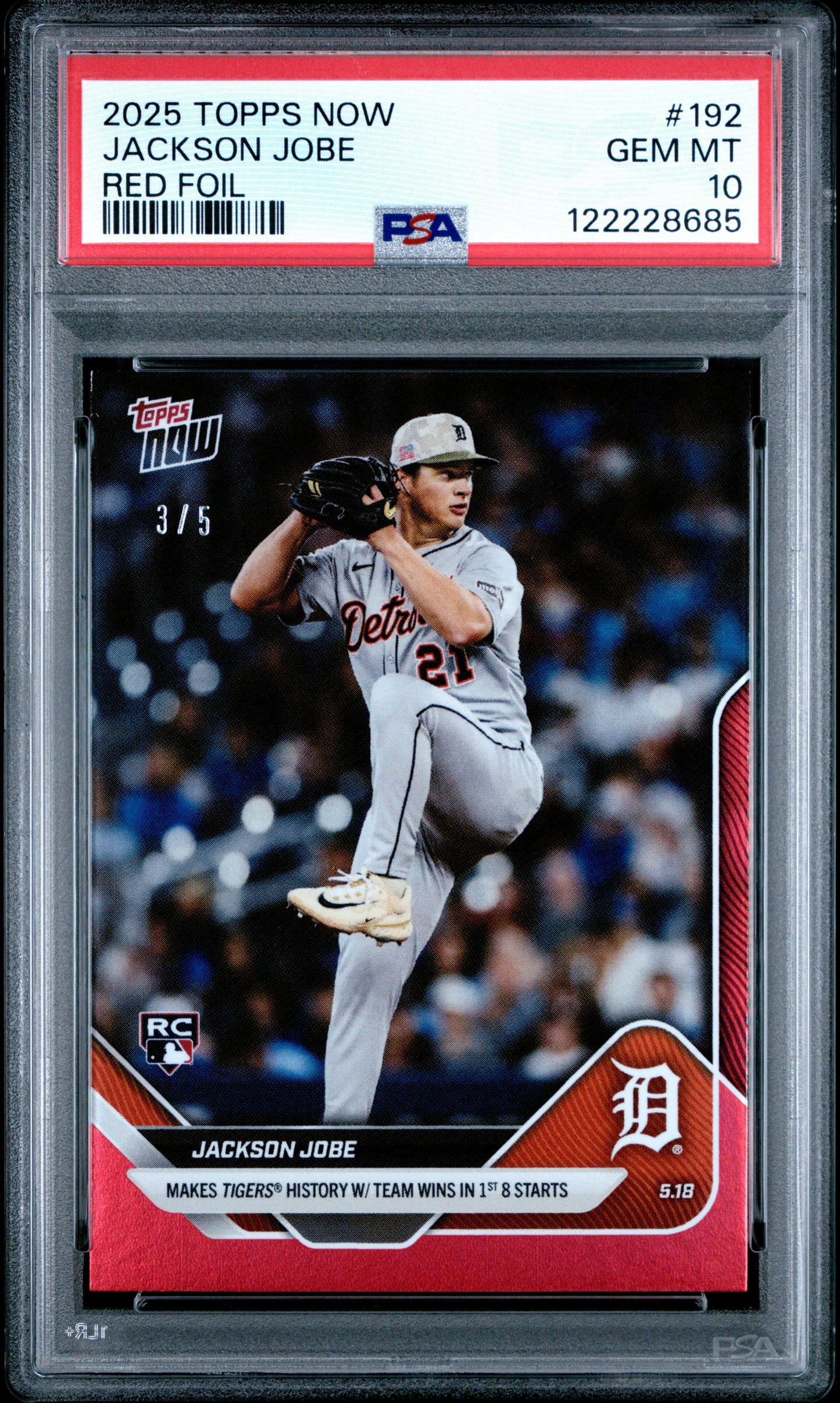 Graded 2025 Topps Now Jackson Jobe #192 Red Foil /5 Rookie RC Baseball Card PSA 10 Gem Mint