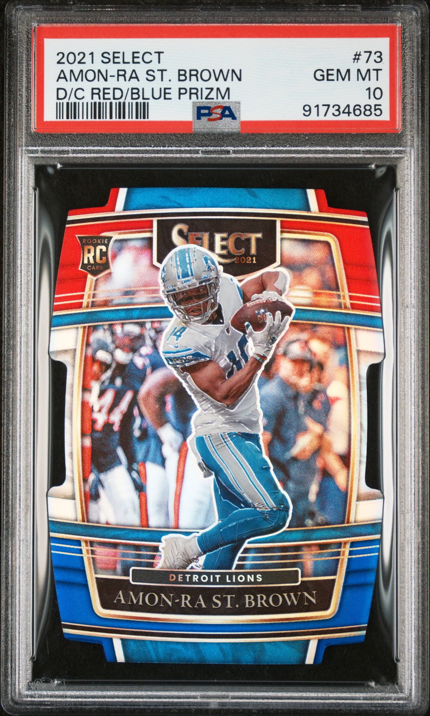 Graded 2021 Panini Select Amon-Ra St. Brown #73 Die Cut Red/Blue Prizm Rookie RC Football Card PSA 10 Gem Mint