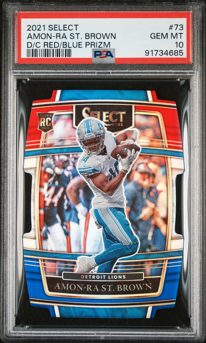 Graded 2021 Panini Select Amon-Ra St. Brown #73 Die Cut Red/Blue Prizm Rookie RC Football Card PSA 10 Gem Mint