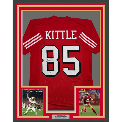 Framed Autographed/Signed George Kittle 35x39 San Francisco Red Alternate Football Jersey Beckett BAS COA