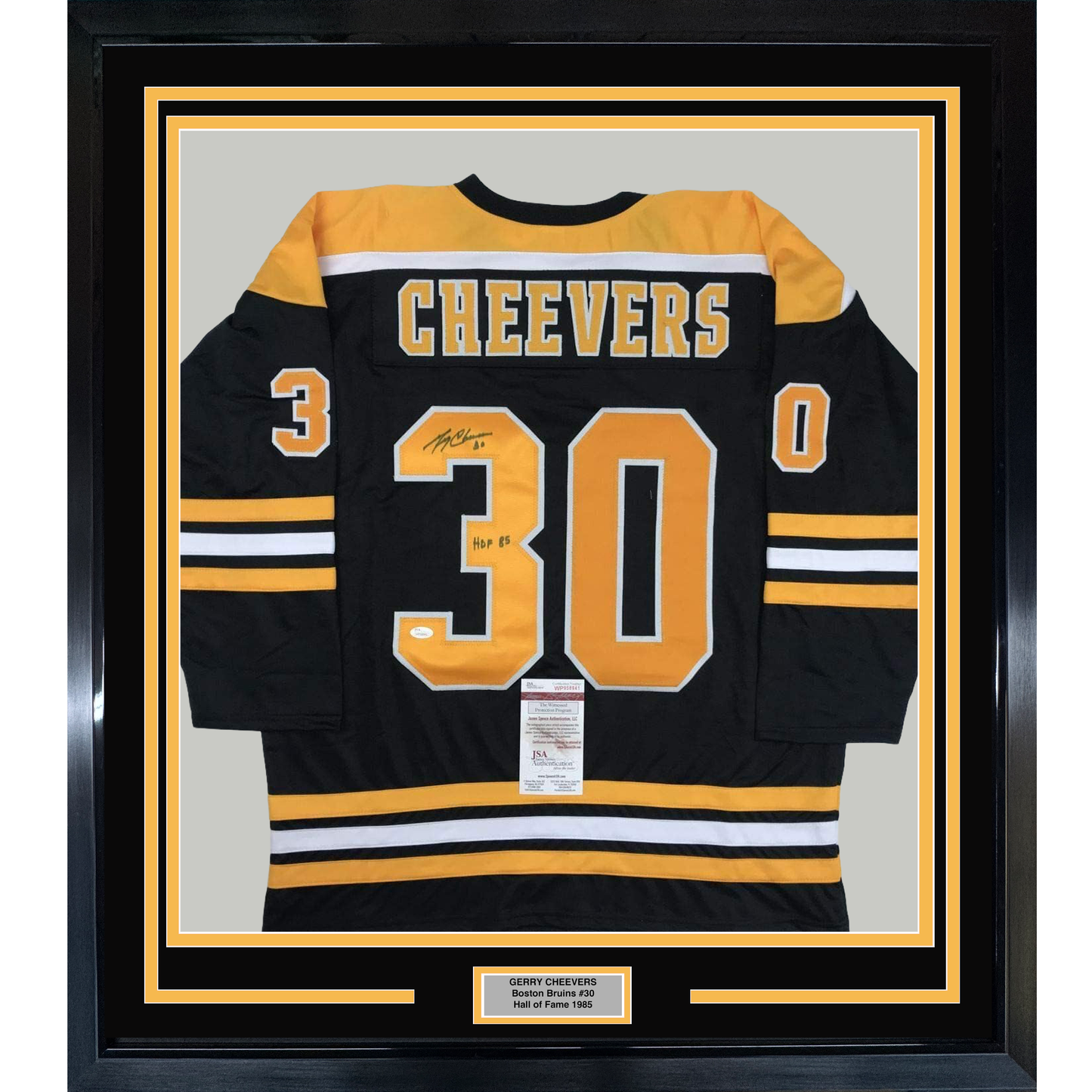 Framed Autographed/Signed Gerry Cheevers 35x39 Boston Black Hockey Jersey JSA COA